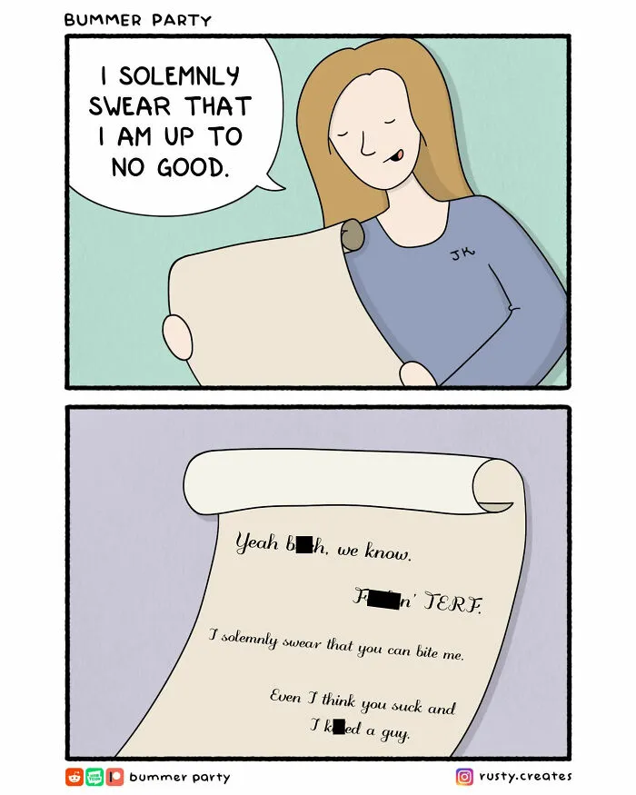 Cartoonist illustrating awkward thoughts and social discomfort through a humorous comic strip with censored text.