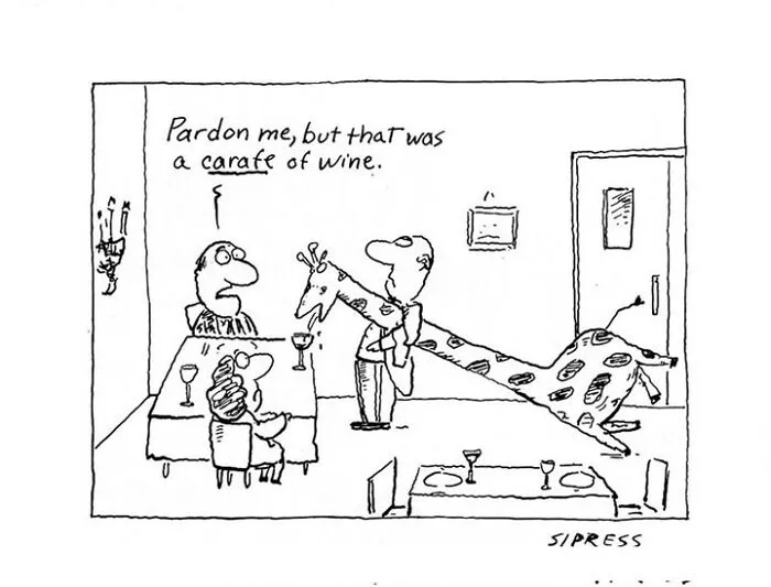 New Yorker cartoon by David Sipress showing a man pouring wine from a giraffe shaped carafe at a dinner table.