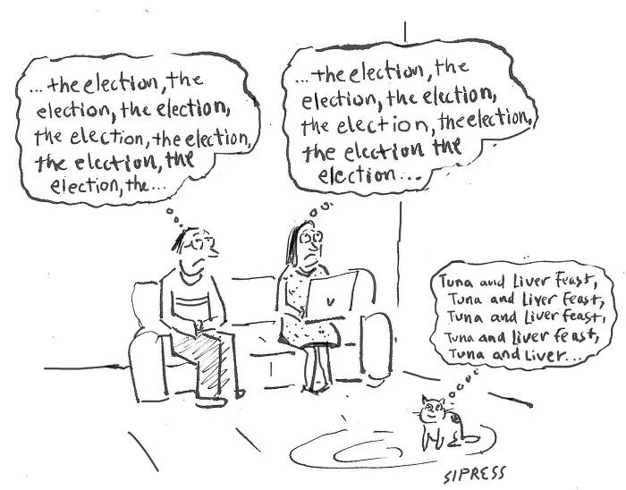 Two people and a cat thinking repeatedly about the election and a liver feast in a New Yorker cartoon by David Sipress.