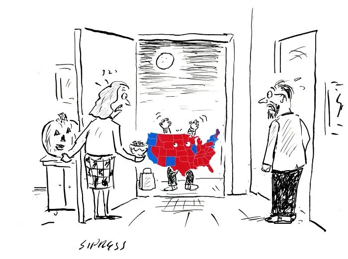 New Yorker cartoon by David Sipress showing a person answering the door with a map of the US in red and blue.
