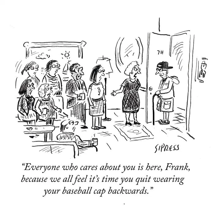 New Yorker cartoon by David Sipress showing a group confronting a man about quitting wearing his baseball cap backwards.