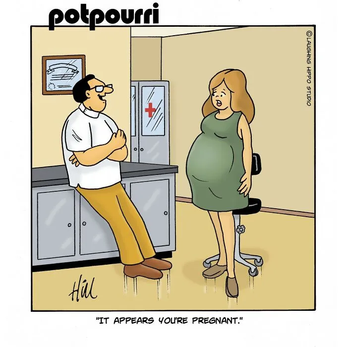 Cartoon doctor visit showing a pregnant woman in an exam room, highlighting darkly funny therapy sessions.
