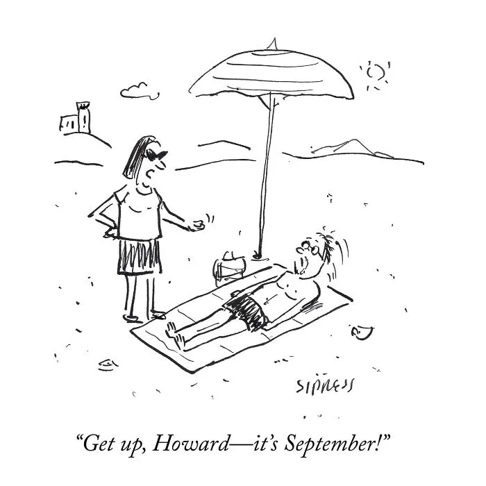 New Yorker cartoon by David Sipress showing a man sunbathing under an umbrella with a woman telling him to get up.