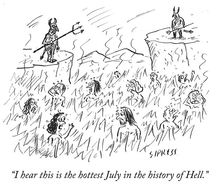 New Yorker cartoon by David Sipress depicting people suffering in Hell with devils overseeing the scene.