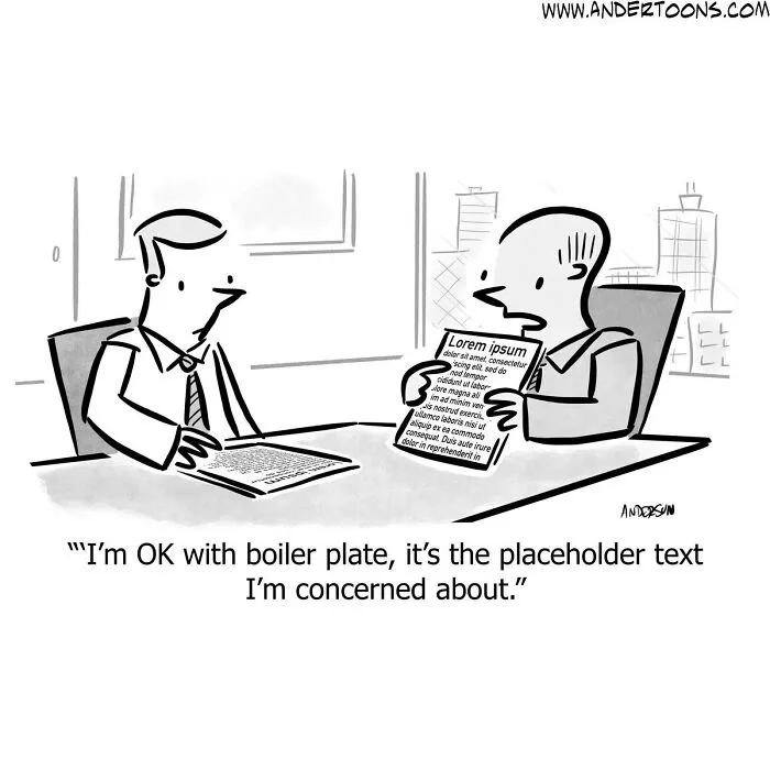 Two businessmen in an office, one holding a paper with placeholder text in a cartoon capturing life's ironies with clever humor.