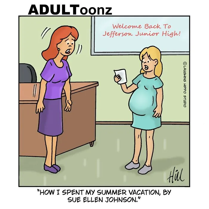 Cartoon showing a pregnant woman reading a presentation to a teacher, depicting darkly funny doctor visit therapy sessions.
