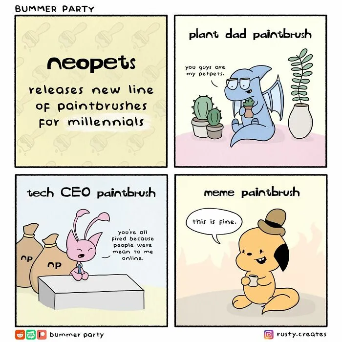 Cartoonist’s comics capturing awkward thoughts and social discomfort through relatable, humorous paintbrush characters and scenarios.