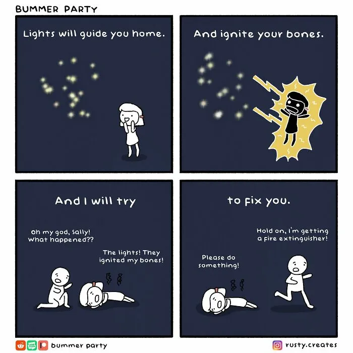 Comic strip depicting awkward social discomfort with a character experiencing glowing lights and exaggerated reactions.