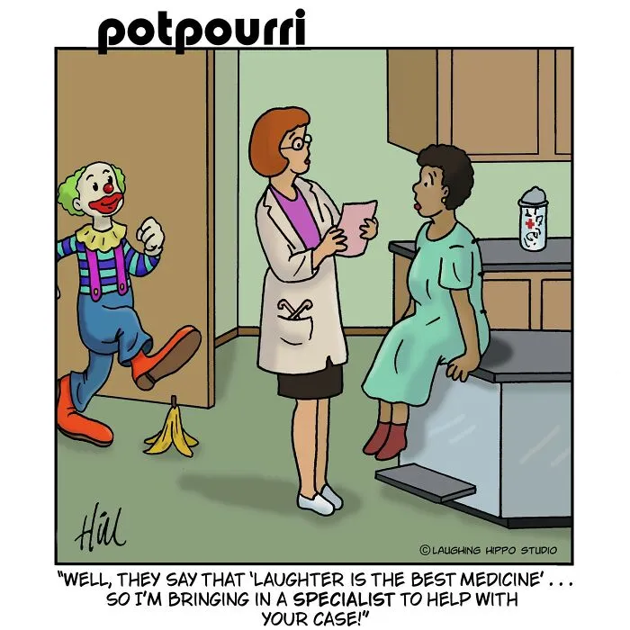 Cartoon of a doctor visit turning into a darkly funny therapy session with a clown slipping on a banana peel.