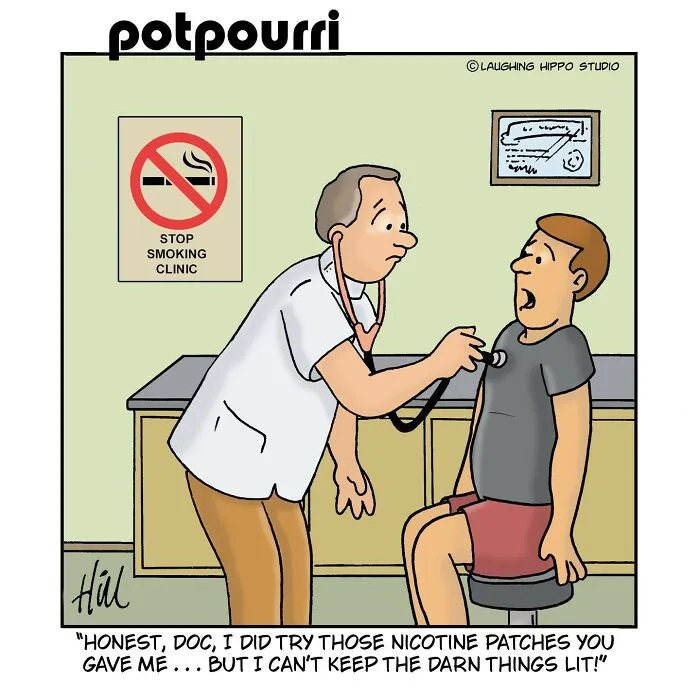Cartoon of a doctor checking a patient at a stop smoking clinic, showing darkly funny doctor visits and therapy sessions.