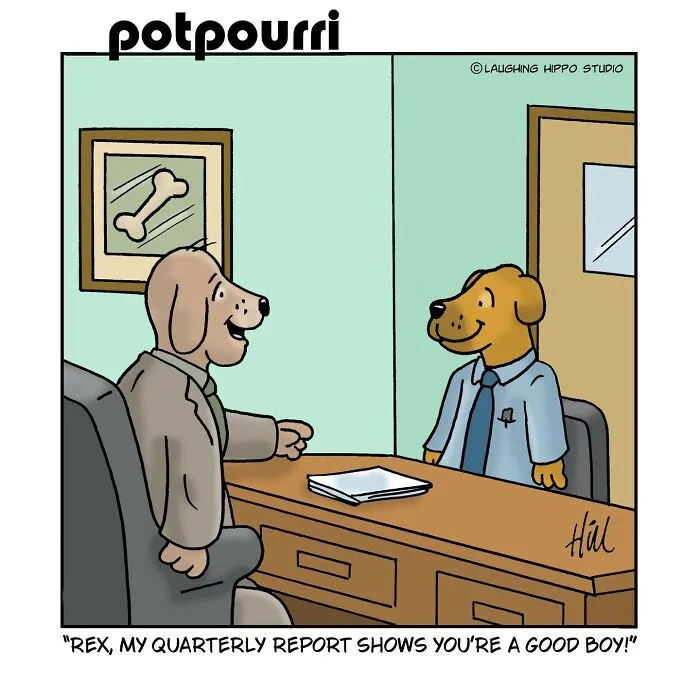 Cartoonist’s darkly funny comic shows dog characters in a doctor visit, creating uncomfortably relatable therapy moments.