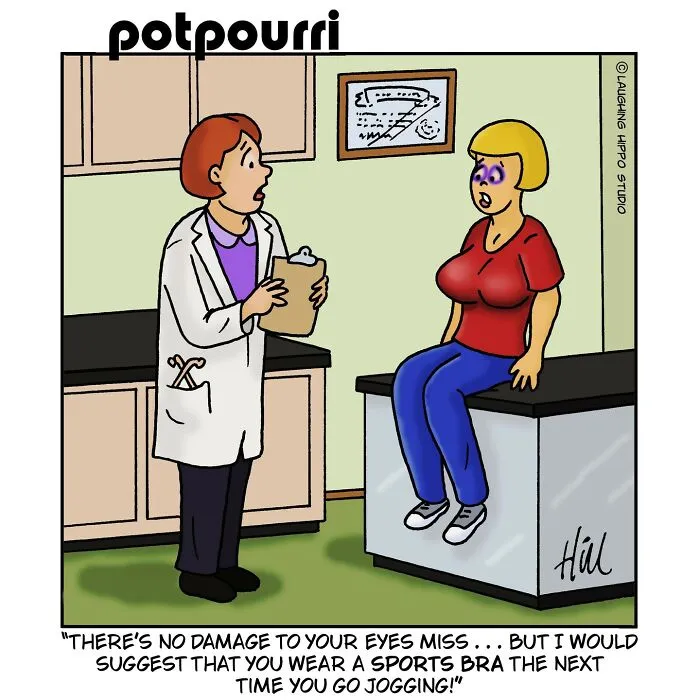 Cartoon doctor visit showing darkly funny therapy session with patient wearing a black eye and red shirt sitting on exam table.