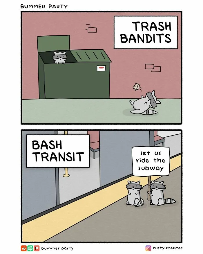 Cartoon comic panels featuring raccoons humorously depicting awkward social situations and discomfort.