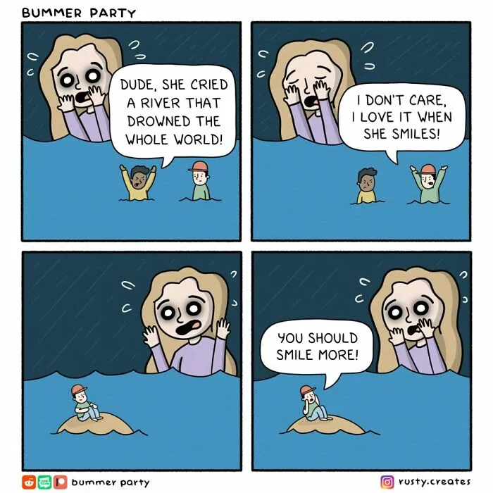 Cartoonist illustrates social discomfort and awkward thoughts through a humorous comic about emotional overwhelm and smiling.