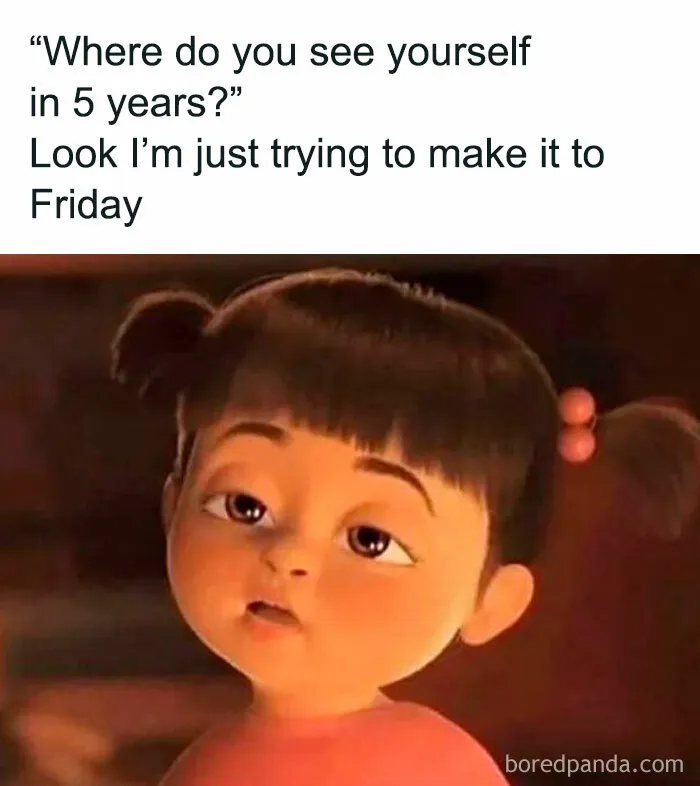 Tired animated girl meme with caption about just trying to make it to Friday, relatable introvert life meme.
