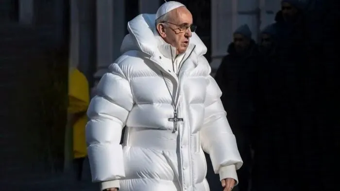 Pope Francis wearing an oversized white puffer jacket, a photo that the internet fell for but wasn’t what it seemed.