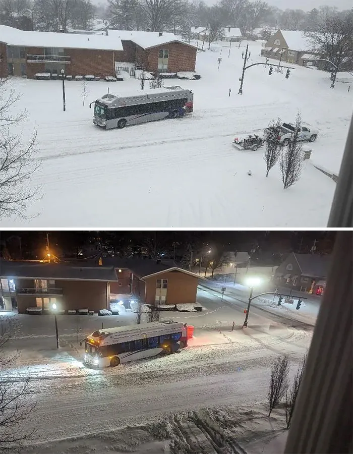 Bus stuck on snow-covered street during a heavy snowstorm in a residential U.S. neighborhood in day and night.
