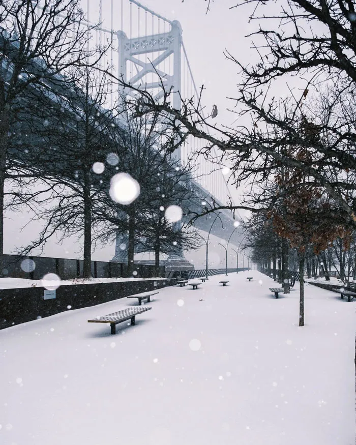 Snowstorm hitting the U.S. park covered in fresh snow with benches and bare trees under a large bridge.