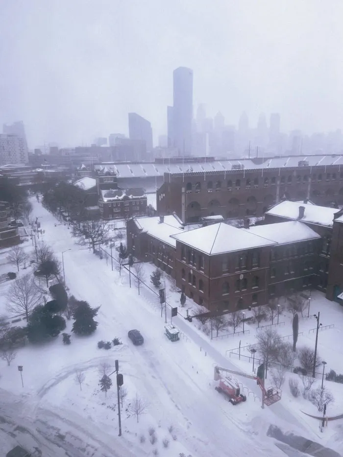Snowstorm hitting a U.S. city with heavy snow covering streets, buildings, and trees during the winter season.