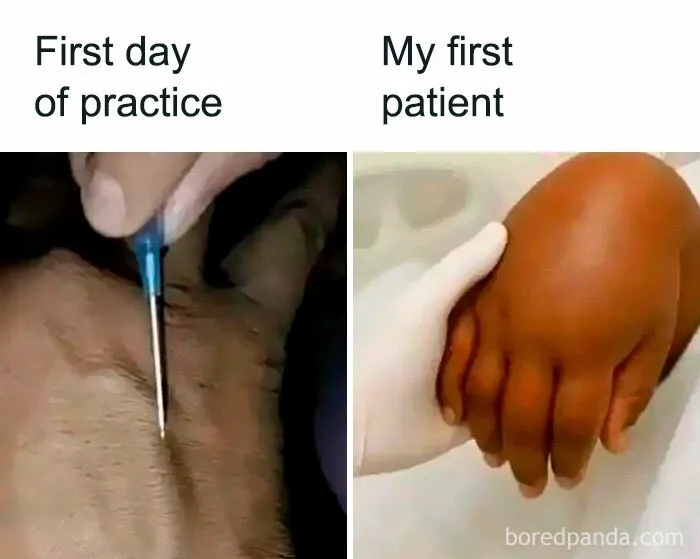 First day of practice showing a needle and funny swollen hand of a first patient illustrating healthcare humor meme.