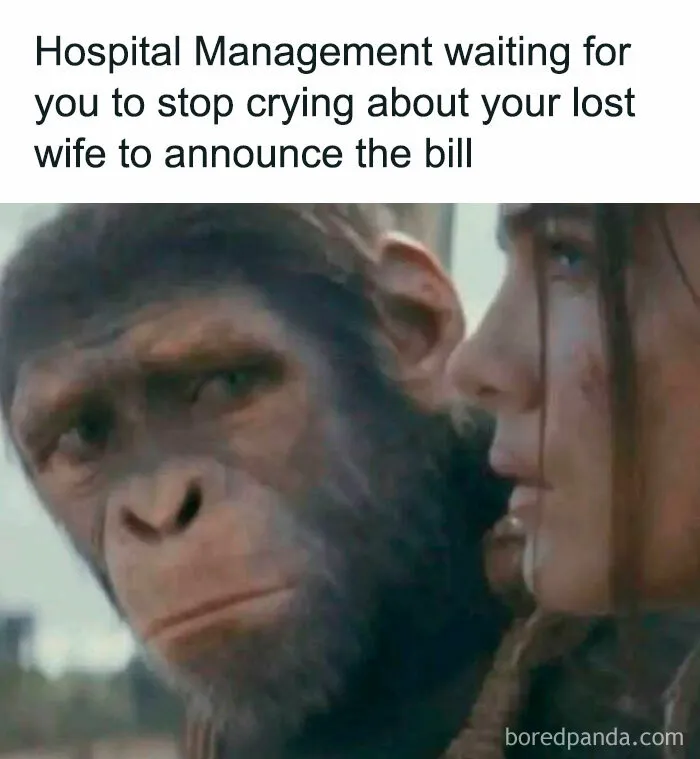 Humorous healthcare meme showing hospital management waiting to announce an expensive medical bill after loss.