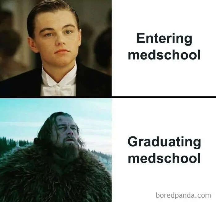 Meme contrasting a fresh medschool student with a weary graduate, highlighting humor in expensive healthcare struggles.