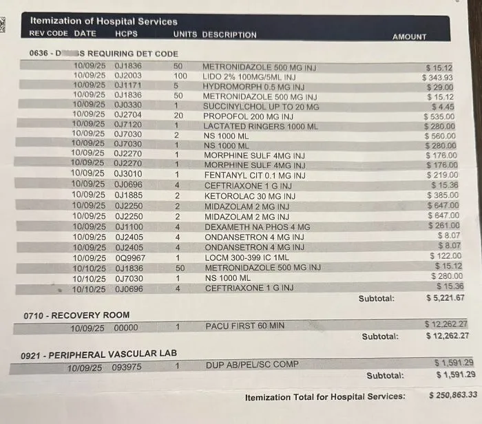 Mi factura es de $250,000 por una estadía de un día en el hospital para una apendicectomía.