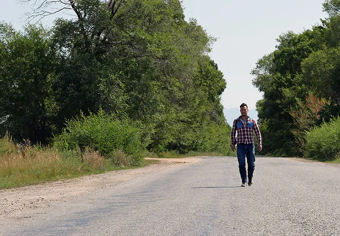 Man walking alone on a quiet road surrounded by trees, capturing the feeling of needing to leave in overwhelming situations.