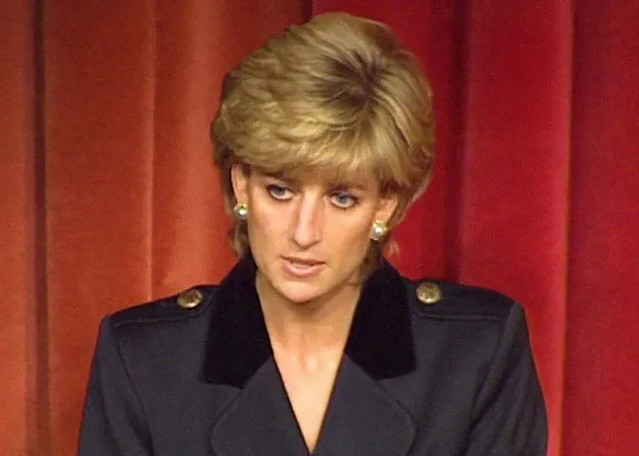 Princess Diana speaking solemnly in front of a red curtain, related to celebrity passings and public reactions.