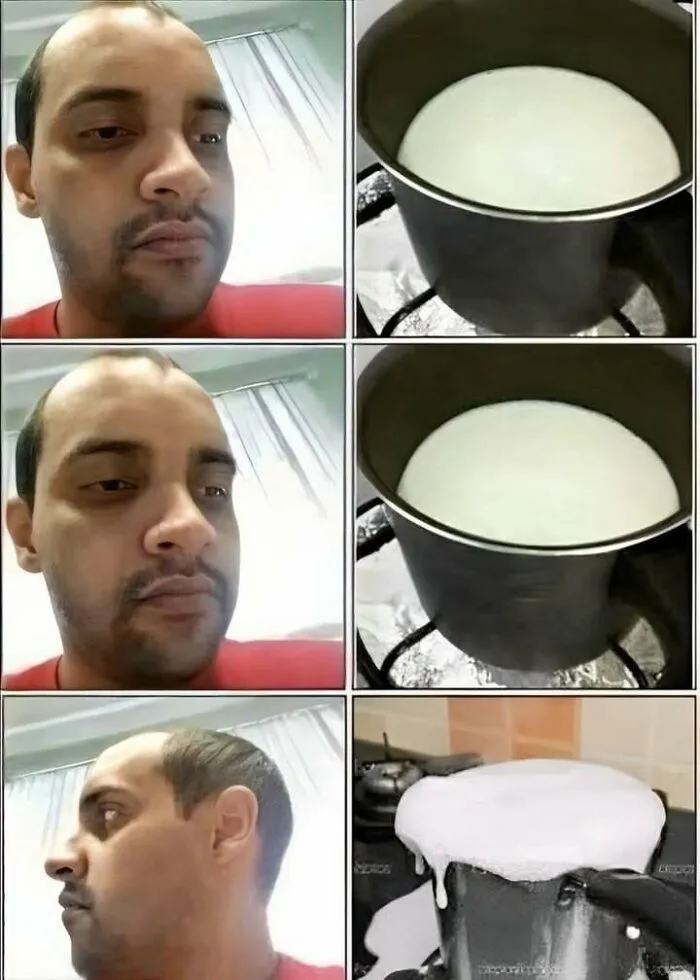 Man watching milk boil over in a pot, illustrating a funny Eastern European experience with cooking mishaps.