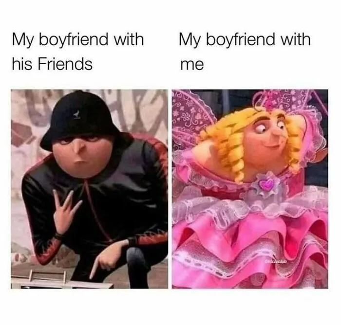 Two side-by-side images showing boyfriend with friends versus boyfriend with me, a loving meme to send to your girlfriend.