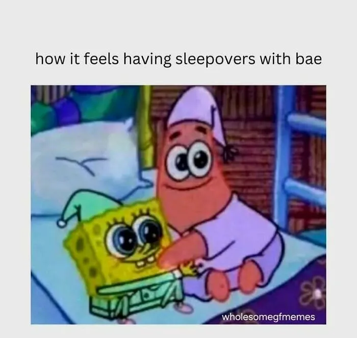 Spongebob and Patrick in pajamas cuddling on a bed, illustrating loving memes to send to your girlfriend.