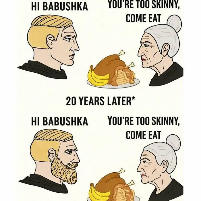 Cartoon meme showing a grandmother repeatedly telling her grandson he's too skinny and to come eat, capturing Eastern European humor.