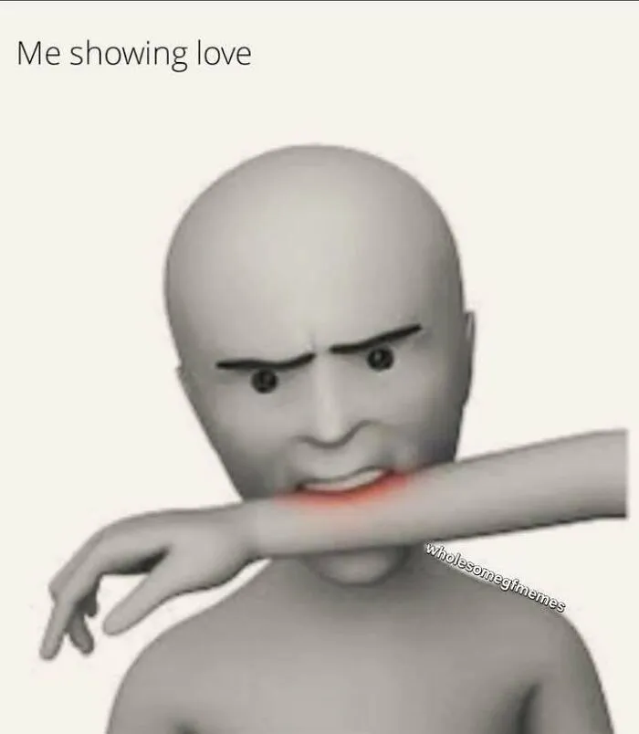 3D humanoid figure biting their own arm with red marks, illustrating a humorous way of showing love in memes.
