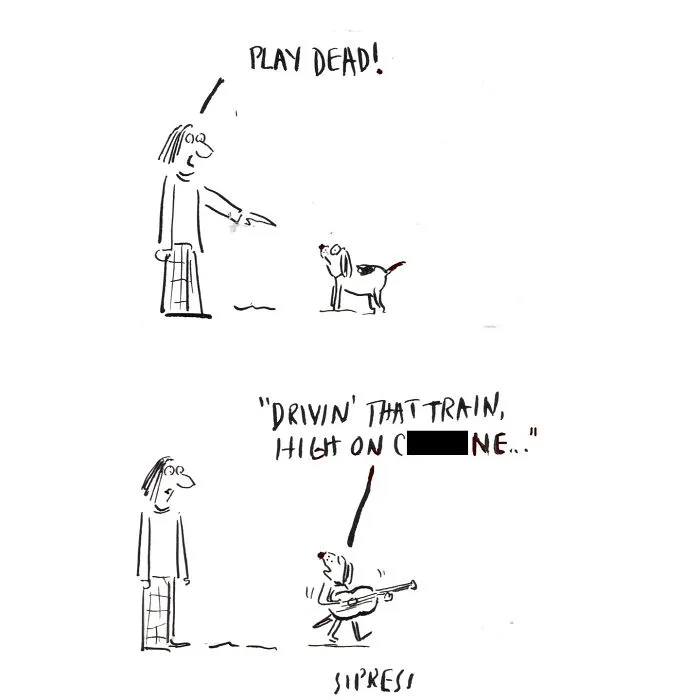 Cartoon by David Sipress showing a dog playing dead and then happily playing guitar, featuring New Yorker humor.