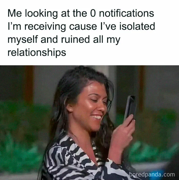 Woman smiling at her phone with text about receiving zero notifications, a funny meme from popular meme collections.
