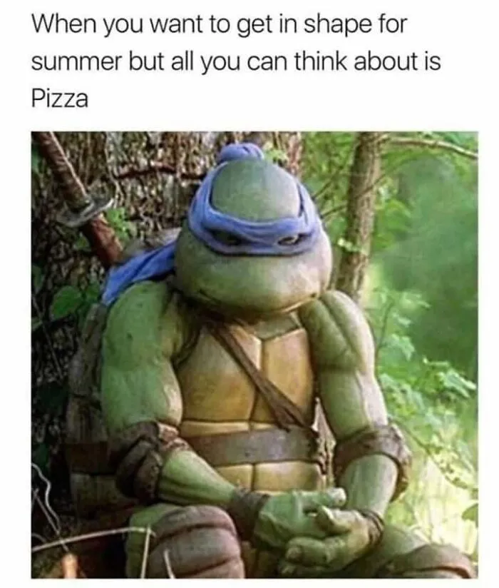 Turtle character with blue mask looking contemplative, humorously relating to fitness struggle and pizza cravings in funny memes.