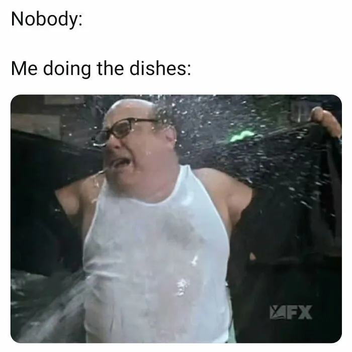 Man in glasses and wet white tank top reacting dramatically while doing dishes in a funny meme that makes absolutely no sense