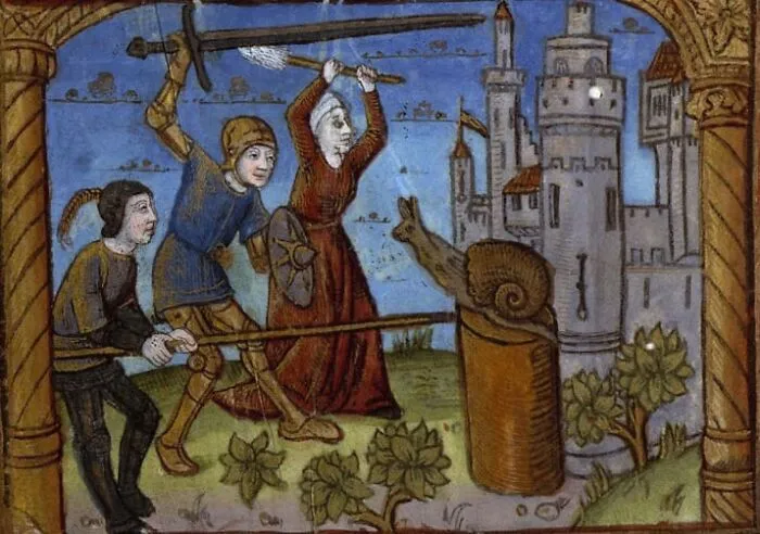 Medieval old painting depicting knights and a figure attacking a large snail in a humorous and unusual scene.