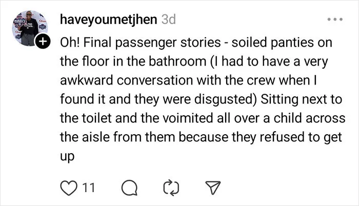 Screenshot of a social media post describing unhinged things flight attendants saw passengers do, including soiled panties and vomiting on a child.