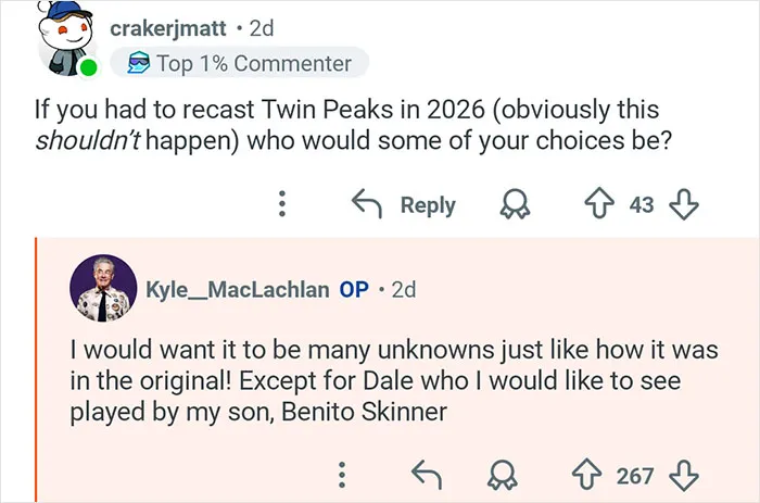 Kyle MacLachlan from Twin Peaks shares thoughts on recasting roles and his son playing Dale in 2026.