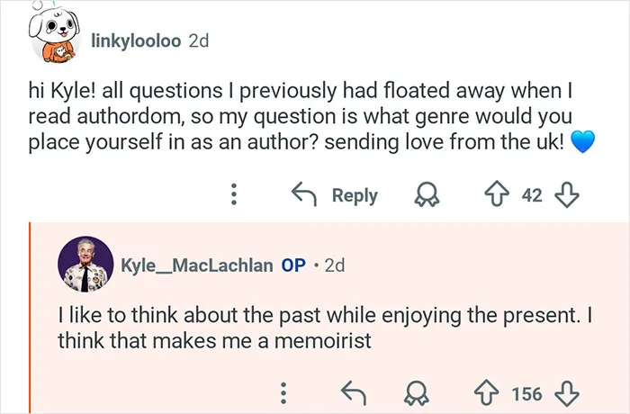 Kyle MacLachlan from Twin Peaks answering a fan question about his author genre and memoirist style.