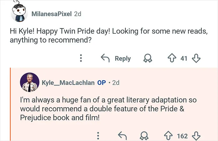 Reddit exchange showing Kyle MacLachlan from Twin Peaks recommending literary adaptations in response to fan questions.
