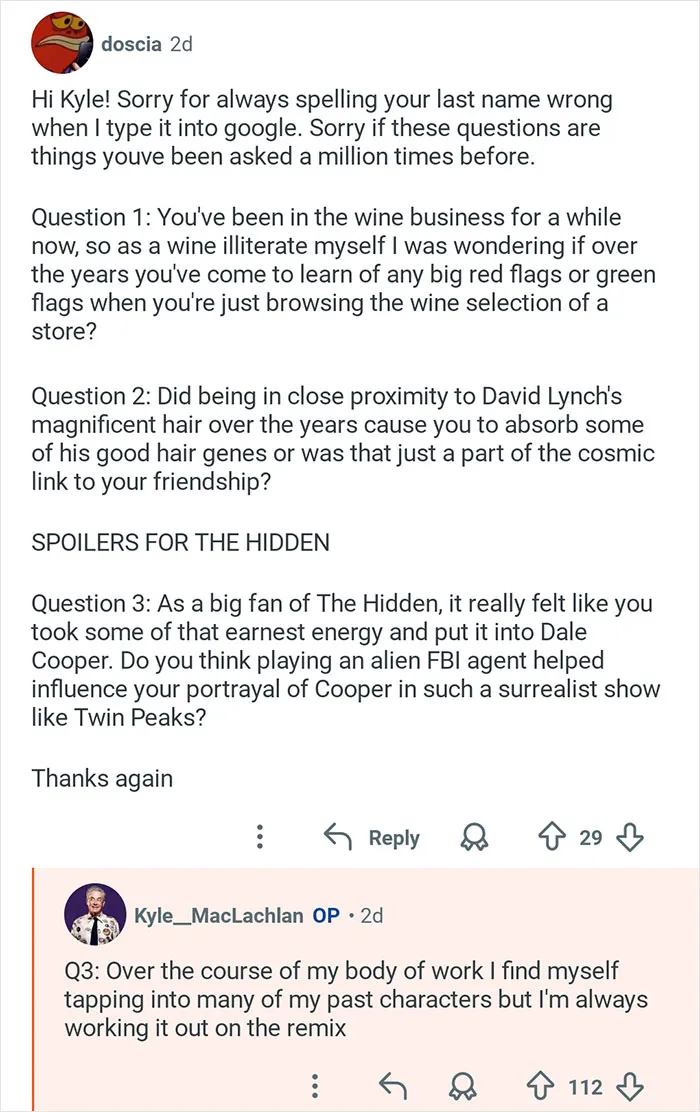 Reddit conversation showing Kyle MacLachlan from Twin Peaks answering fan questions about his career and characters.
