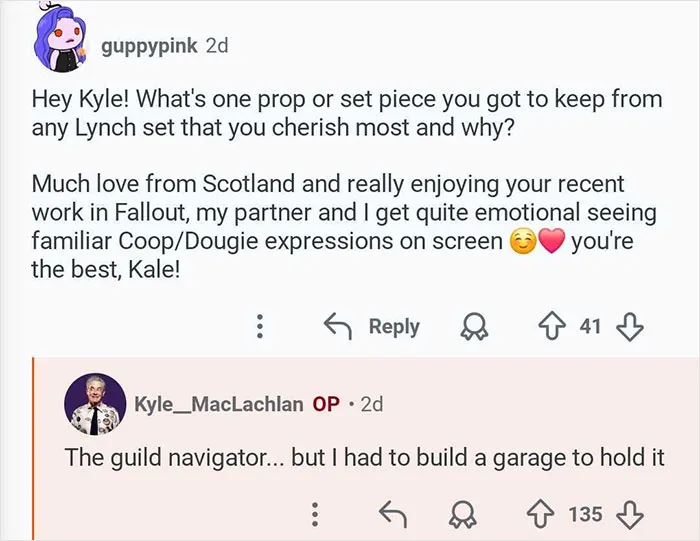 Conversation screenshot showing Kyle MacLachlan from Twin Peaks answering a fan's question about a cherished Lynch set prop.