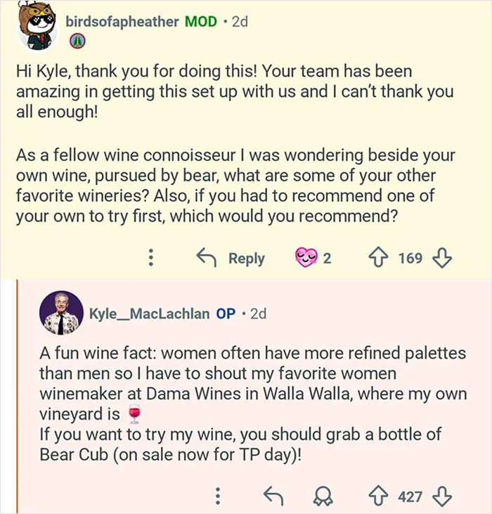 Reddit conversation featuring Kyle MacLachlan discussing wine and wineries related to Twin Peaks.