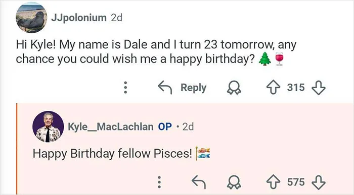 Screenshot of Kyle MacLachlan responding to a fan’s birthday request on a social media platform, Twin Peaks keyword.