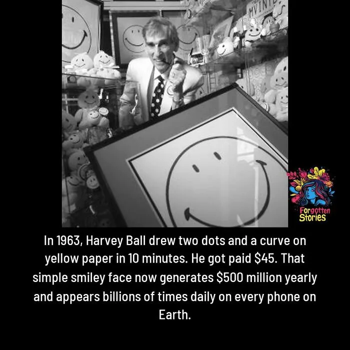 Black and white photo of Harvey Ball holding a framed smiley face, highlighting forgotten stories behind iconic symbols.