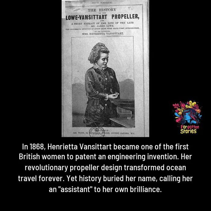 Historical image of Henrietta Vansittart and text highlighting forgotten stories of pioneering women inventors and engineering achievements.