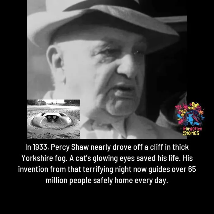 Black and white photo of Percy Shaw, inventor of cat's eyes, featured on a Facebook page uncovering forgotten stories.